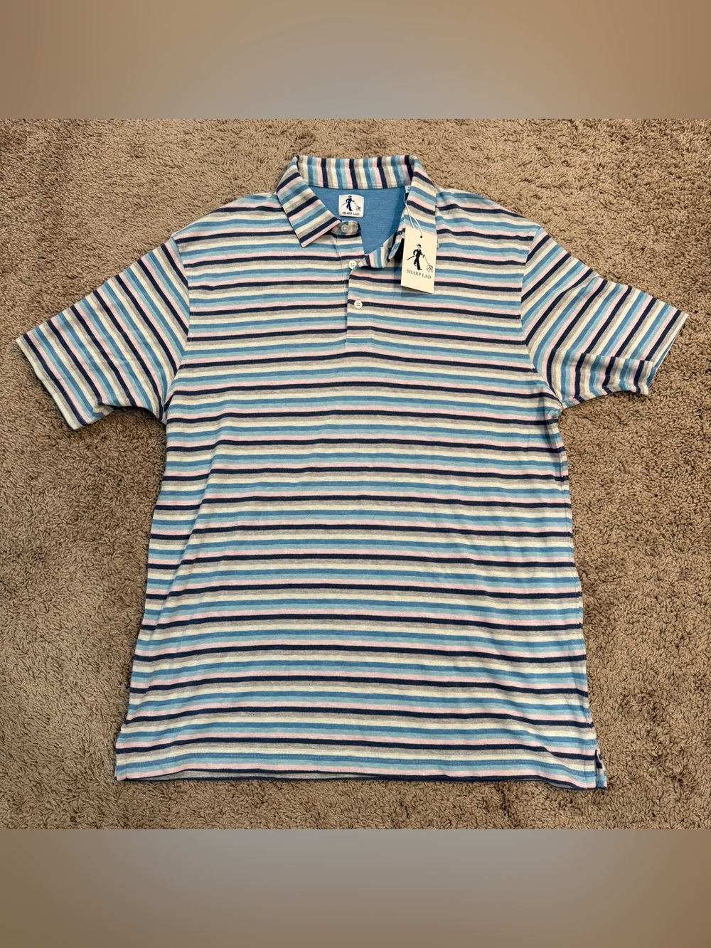 Sharp Lad Shelby Blue Pink Gray Stripe Pique Short Sleeve Polo Shirt Mens L NWT